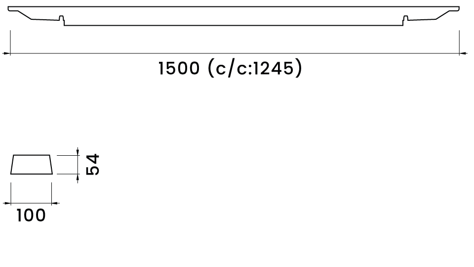Illustrerar industriarmaturens bredd 100, längd 1500 och höjd 54 mm.
