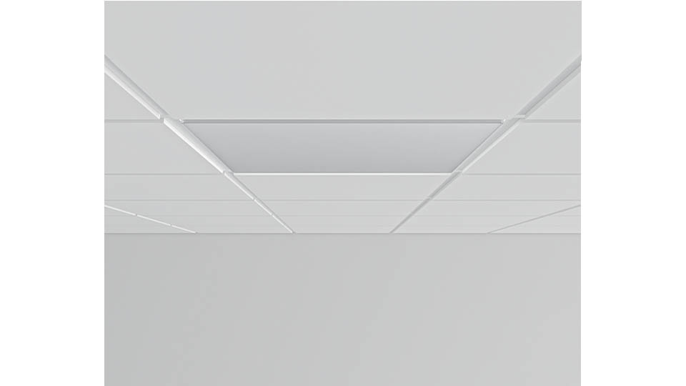 Kant E-skiva monterad i undertak – opal skiva i bärverk med kant E, LED-panel monteras ovanpå för jämn integrering.