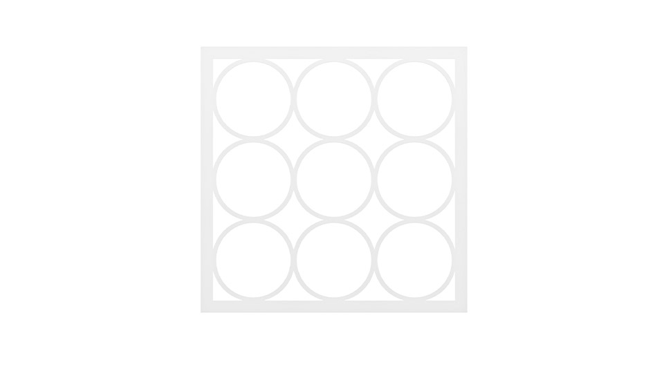 Dekorskiva med nio cirklar i rutnät – dekorativ design för LED-panel i undertakssystem