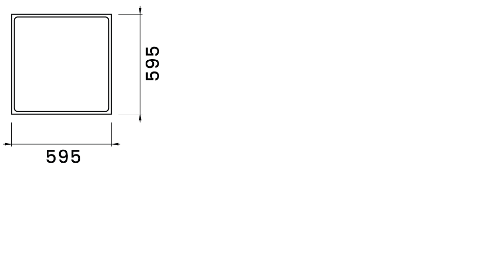 Måttskiss på tillbehöret Kant E, visar yttermåtten 595x595 mm.
