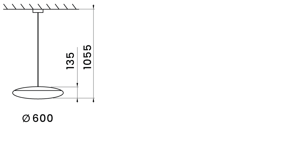 Illustrerar måttskiss för Torino diameter 600 mm och och max pendellängd 1,0 m.