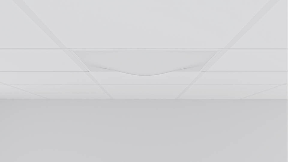 Nersänkt droppformad opal skiva i undertak med släckt LED-panel, ger ett elegant och livfullt uttryck i taket.