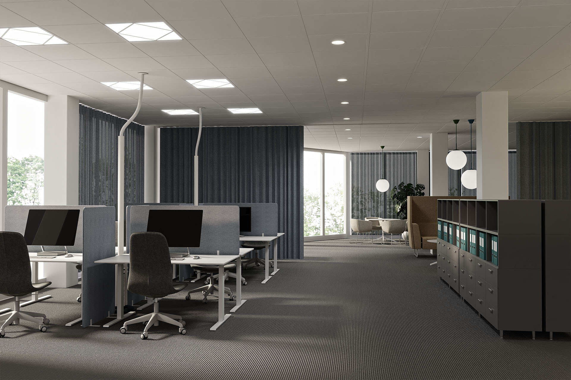 Öppet kontorslandskap med infällda LED-armaturer med dekor ger ett arbetsljus med effektfull karaktär.