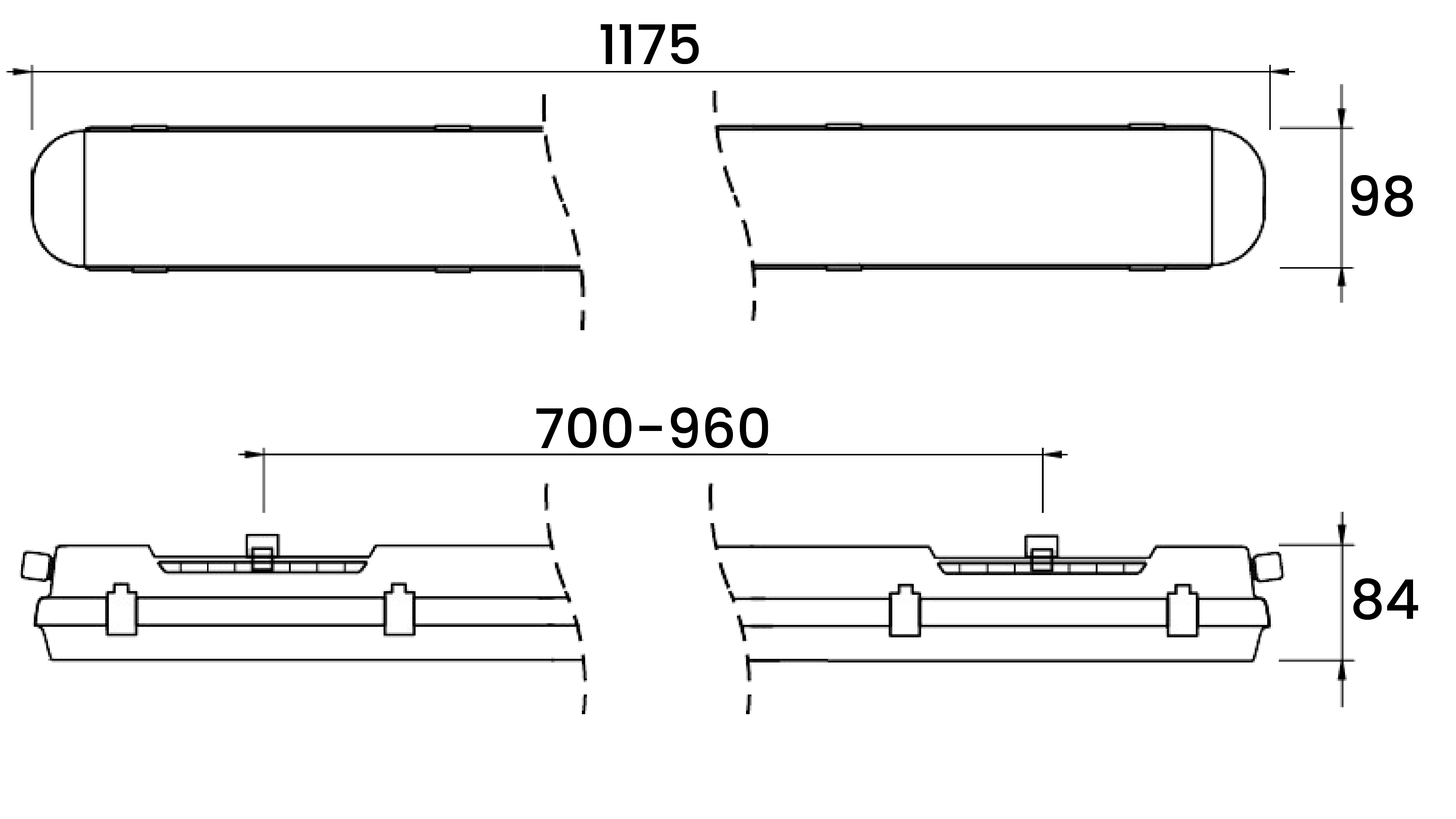 Illustrerar måtten för Sicuro, höjd 84 mm, bredd 98 mm och längd 1175 mm.