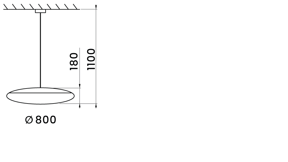 Illustrerar måttskiss för Torino diameter 800 mm och och max pendellängd 1,0 m.