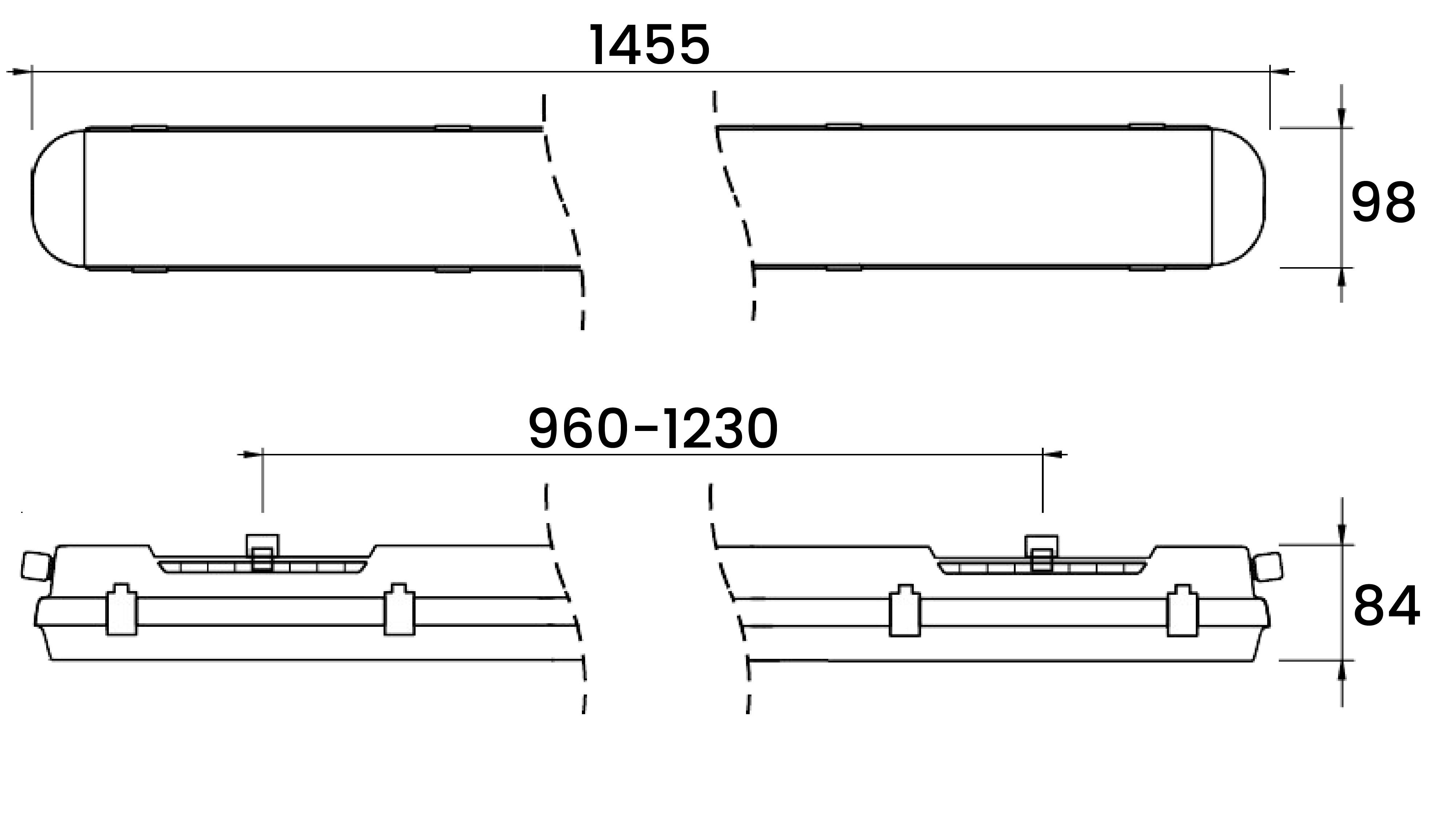 Illustrerar måtten för Sicuro, höjd 84 mm, bredd 98 mm och längd 1455 mm.