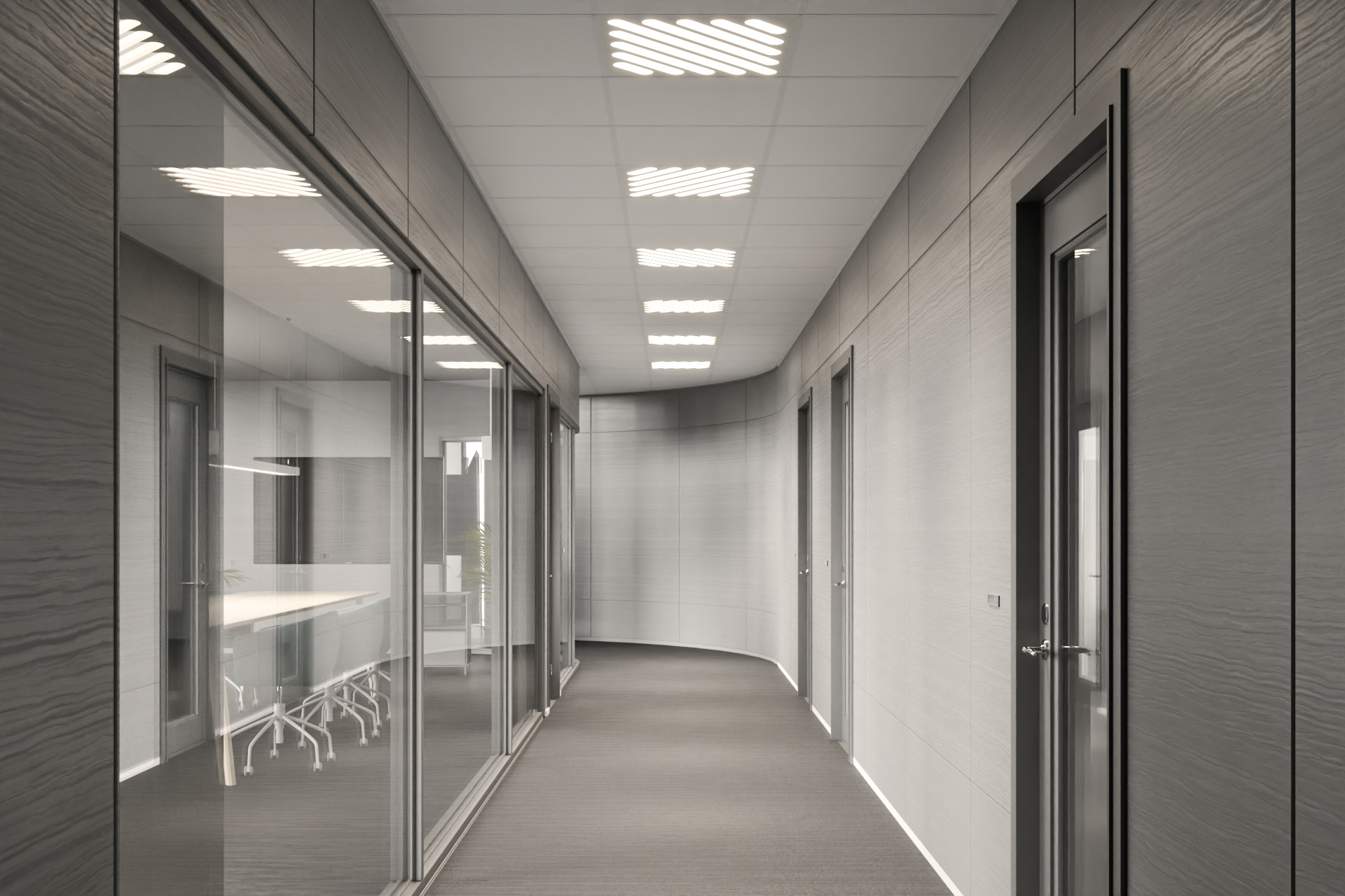 Ventilgallerinspirerad dekor för infällda takarmaturer för belysning i korridor med designfokus.