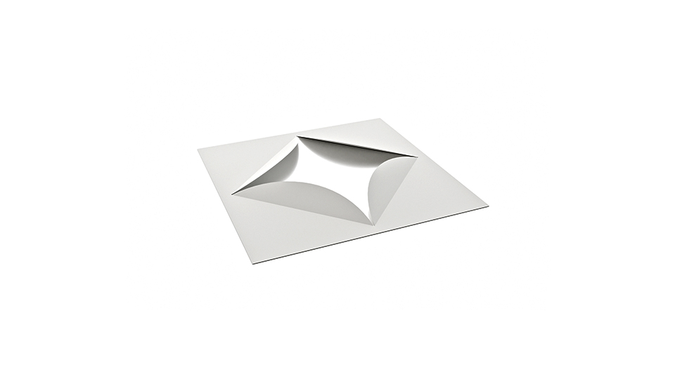 Vit symmetrisk 3D-dekor i diamantform med mjukt välvd yta och rundade kanter.