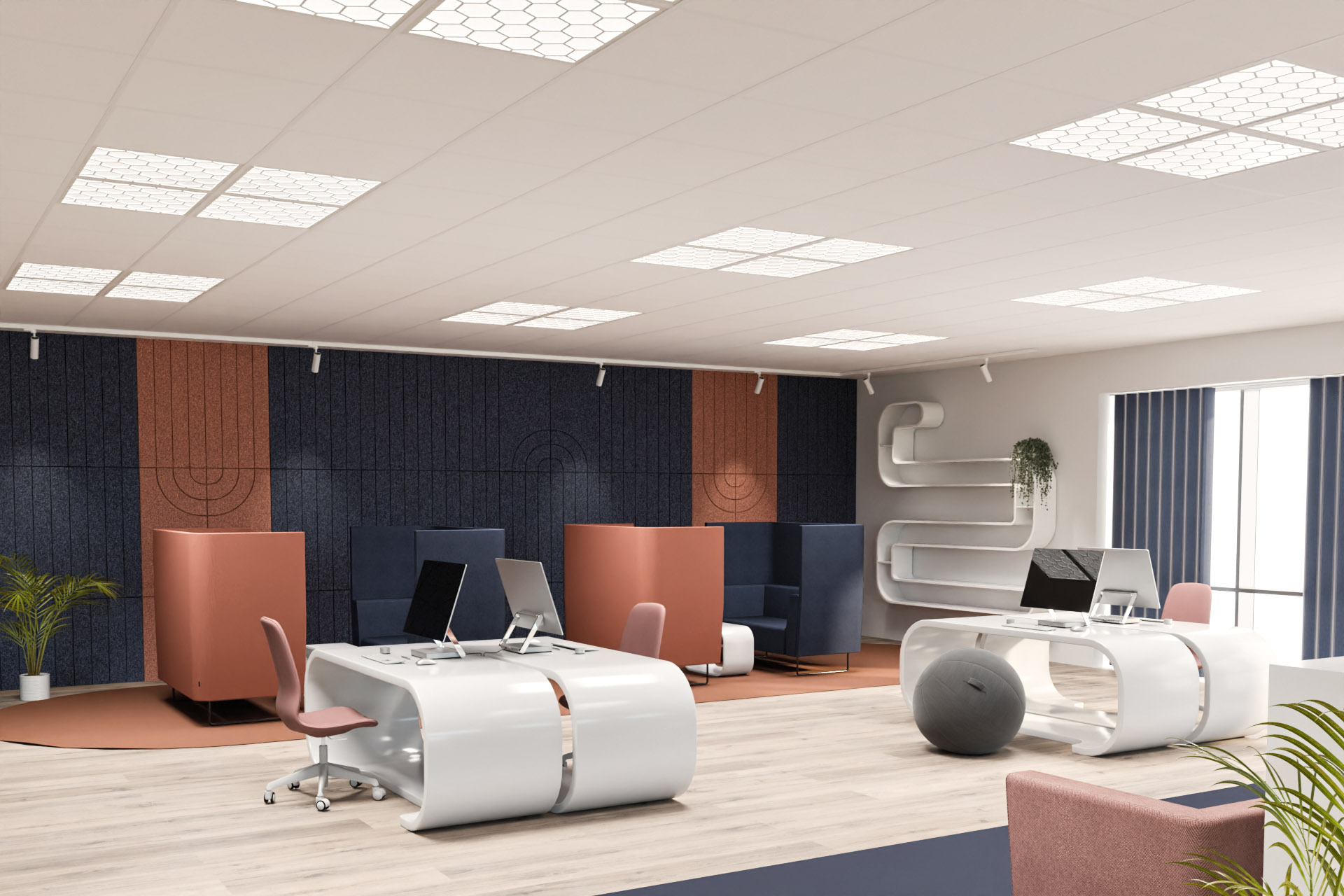 Infällda armaturer med hexagon-dekor ger visuell variation i kontorslandskap med Bello.