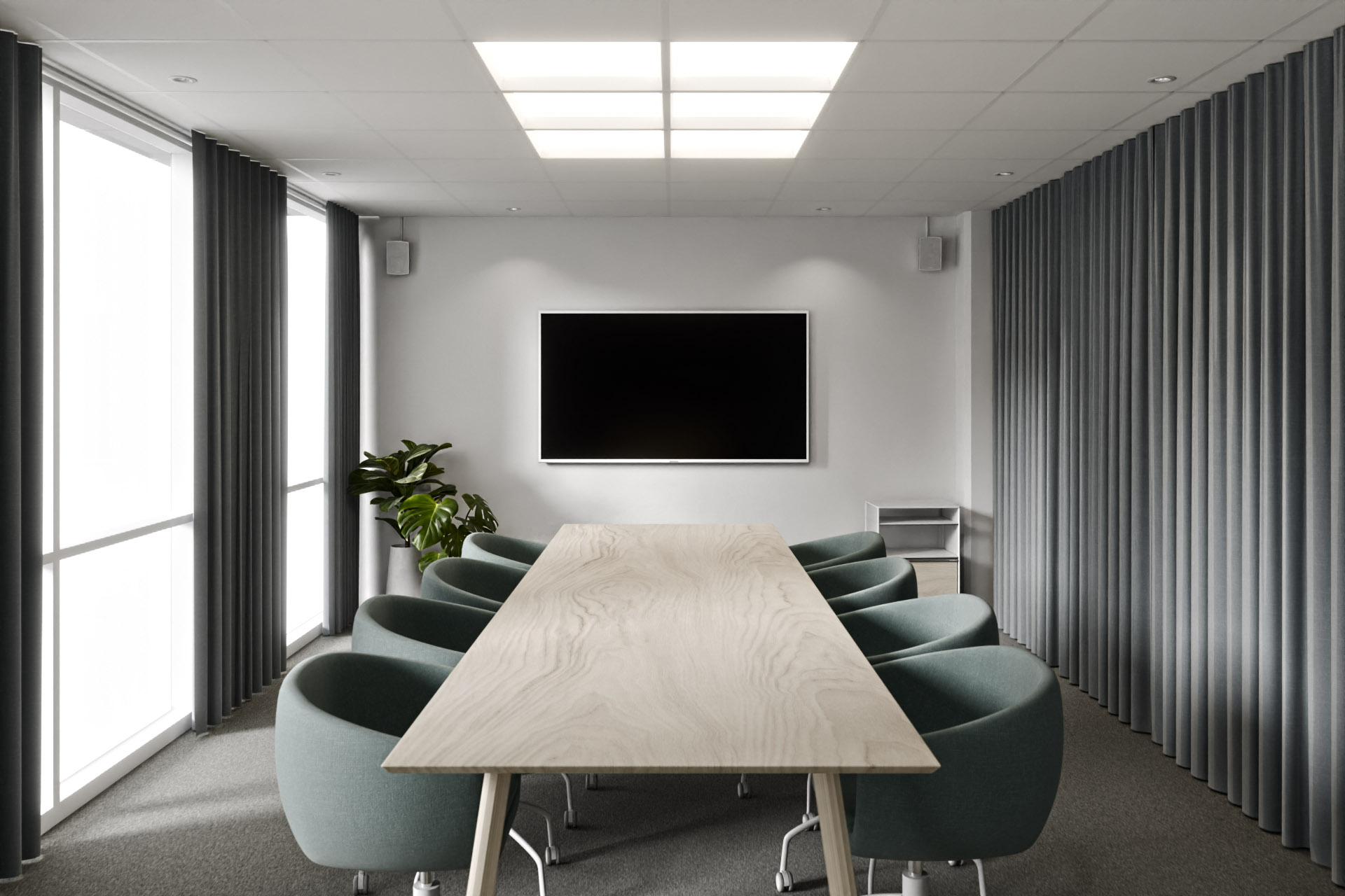 Modernt mötesrum med infällda LED-armaturer i ljusschakt över bordet, ger en illusion av takfönster.