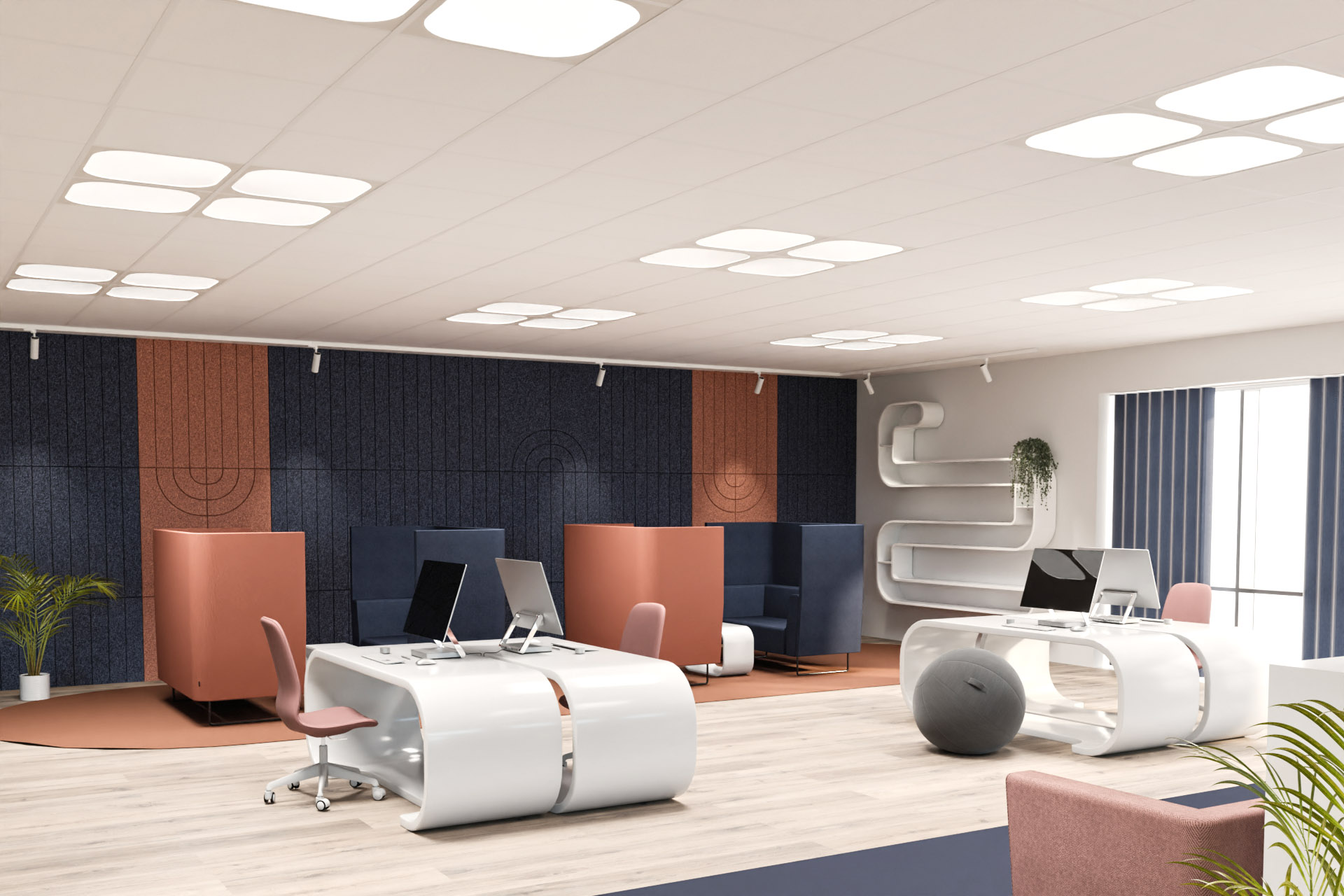 Infällda LED-paneler i grupp med dekor i öppet kontorslandskap ger en visuell karaktär på ljuset och miljön.