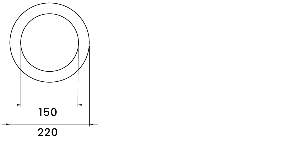 Illustration av täckring till Astro 150, visar yttermått och innermått.