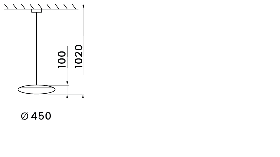 Illustrerar måttskiss för Torino diameter 450 mm och och max pendellängd 0,9 m.