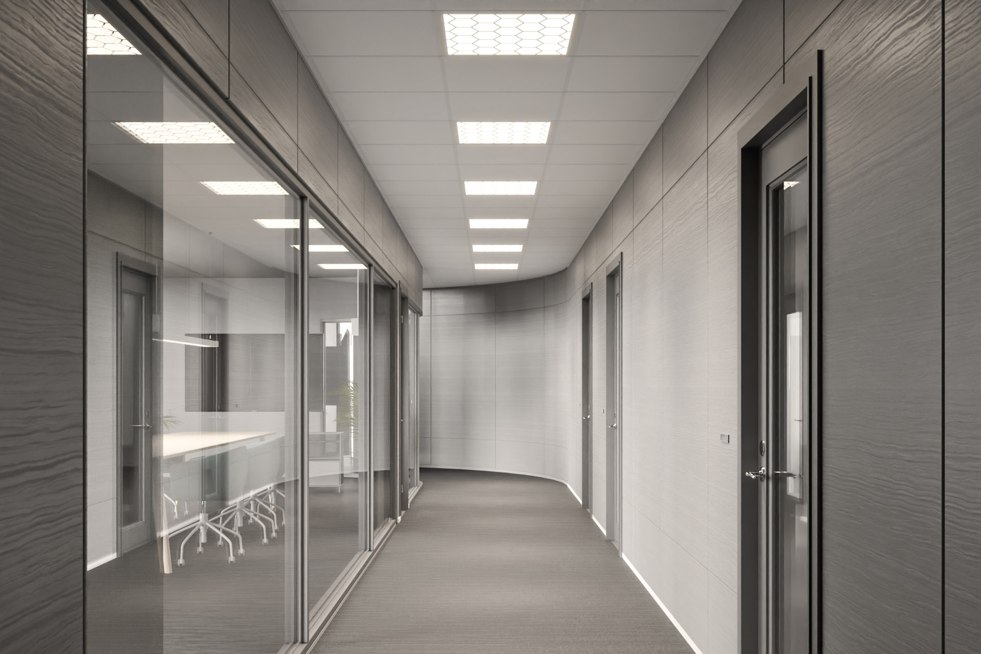 Korridorbelysning med honeycomb-mönstrade takarmaturer för visuell och effektfullt ljus i korridoren.