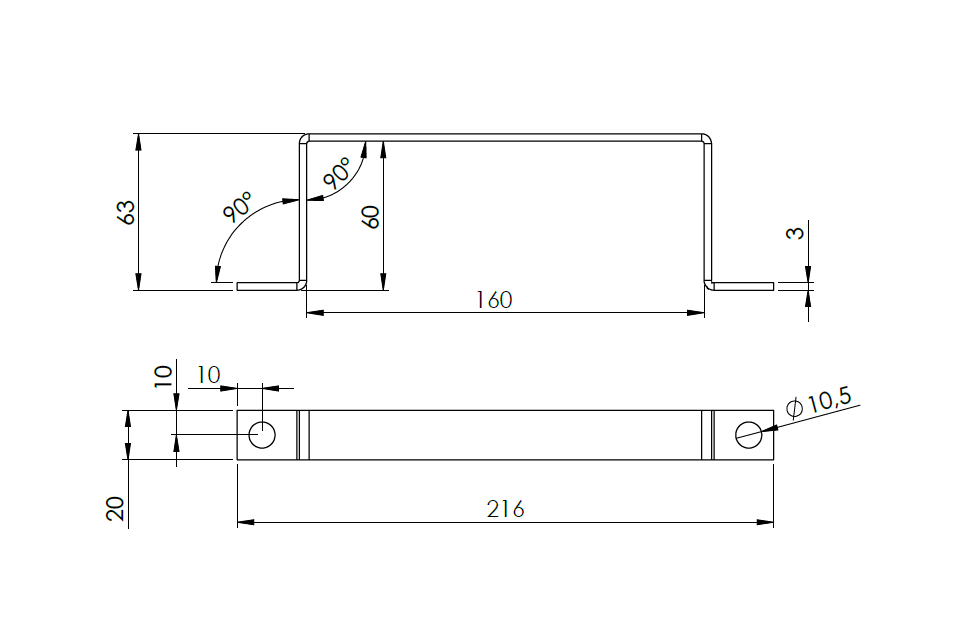 Måttskiss på Skyddsrumsbygeln till Denso, visar höjd, bredd och skrivhål.