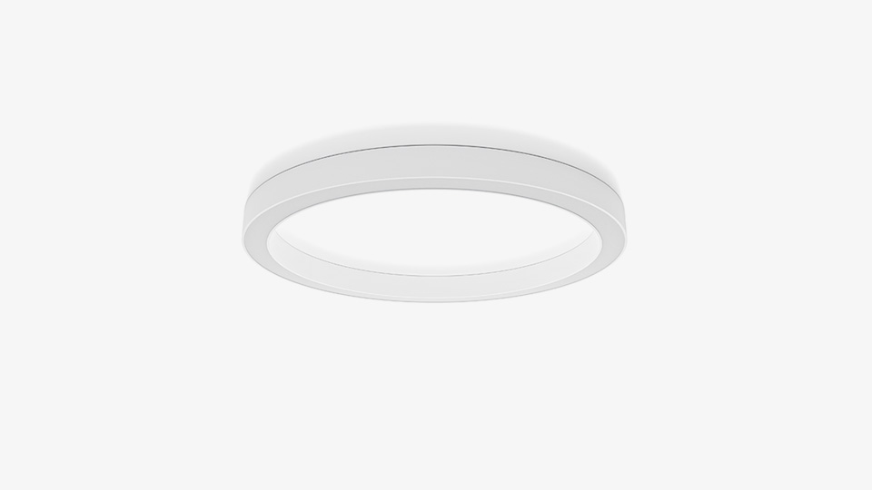 Vit cirkulär utanpåliggande armatur Ø1200 mm med minimalistisk design för modern allmänbelysning i offentliga rum.