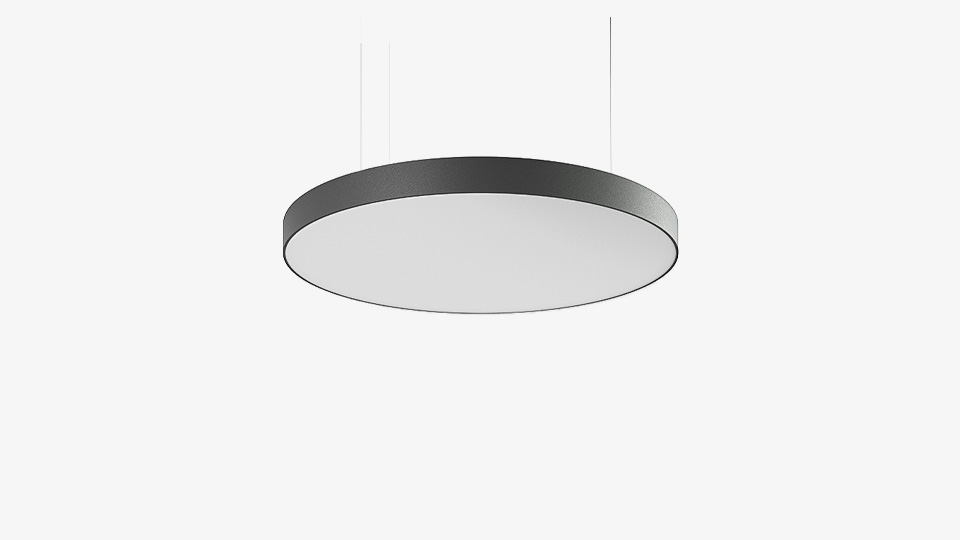 Svart pendlad rund LED-armatur Ø1200 mm med modern design för stilren belysning i offentliga miljöer