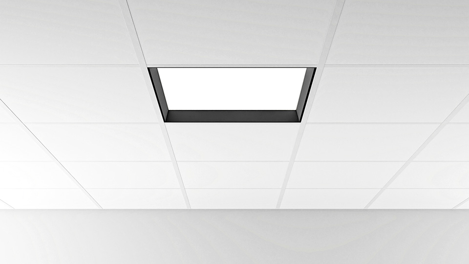 Monterat svart ljusschakt 50 mm med infälld LED-panel – skapar djup och ljuskaraktär i undertak