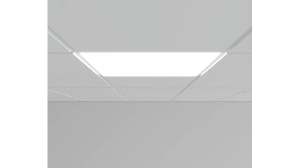 Kant E-skiva monteras i bärverket – opal skiva i bärverk med takabsorbenter med kant E, LED-panel monteras ovanpå för jämn integrering.