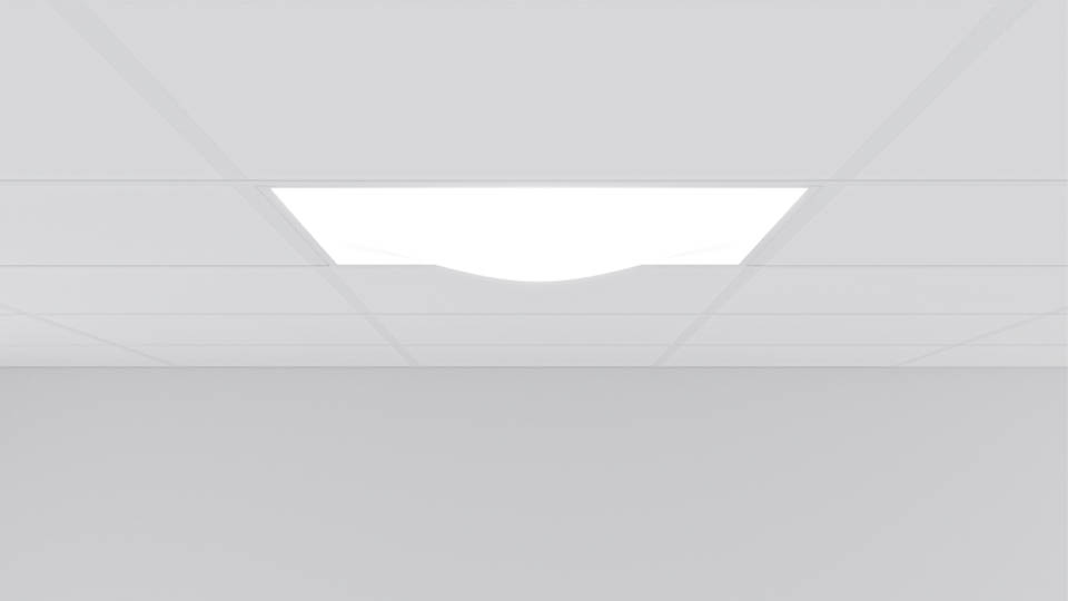 Nersänkt droppformad opal skiva i undertak med tänd LED-panel, skapar mjukt omfältsljus och dekorativt intryck.