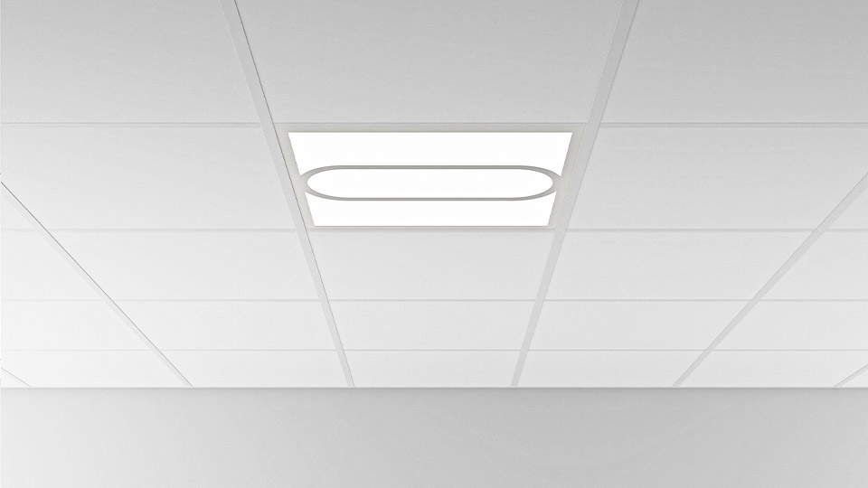 Dekorpanel med avlångt rektangulärt mönster monterad i undertak – ingår i ett system för grafiska taklösningar.